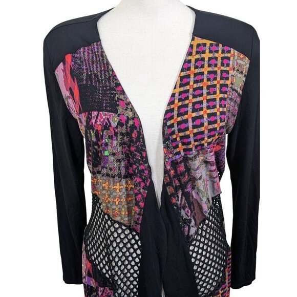 Linea Domani Longline Cardigan Sweater Womens L Open Front Artsy Mixed Media - Picture 2 of 9